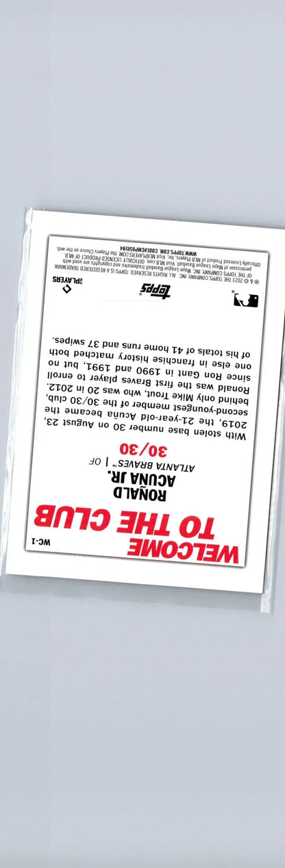 Back of 2023 Topps Ronald Acuña Jr Welcome to the Club baseball card image