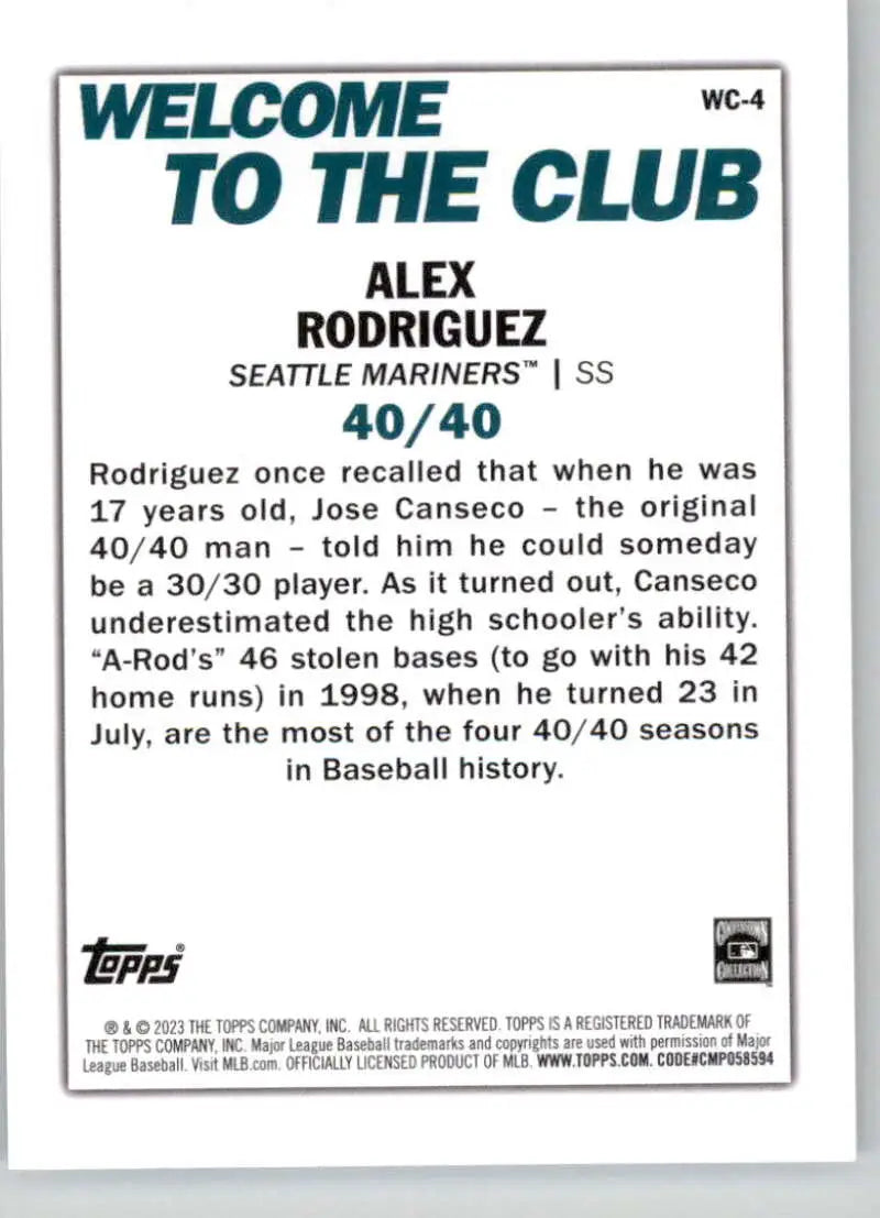 Baseball card of Alex Rodriguez celebrating 40/40 season with Seattle Mariners achievement