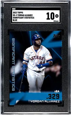 Graded blue baseball trading card of Yordan Alvarez from 2023 Topps Yordan Alvarez series, SGC 10