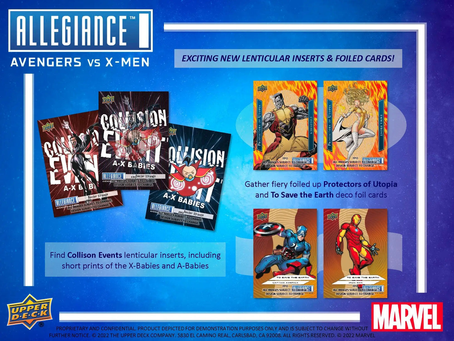 Advertisement for Marvel Allegiance Avengers vs X-Men in Upper Deck Hobby Box