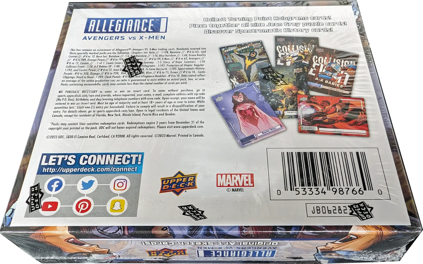 Box of 2023 UD Marvel Allegiance Avengers vs X-Men collectible trading cards