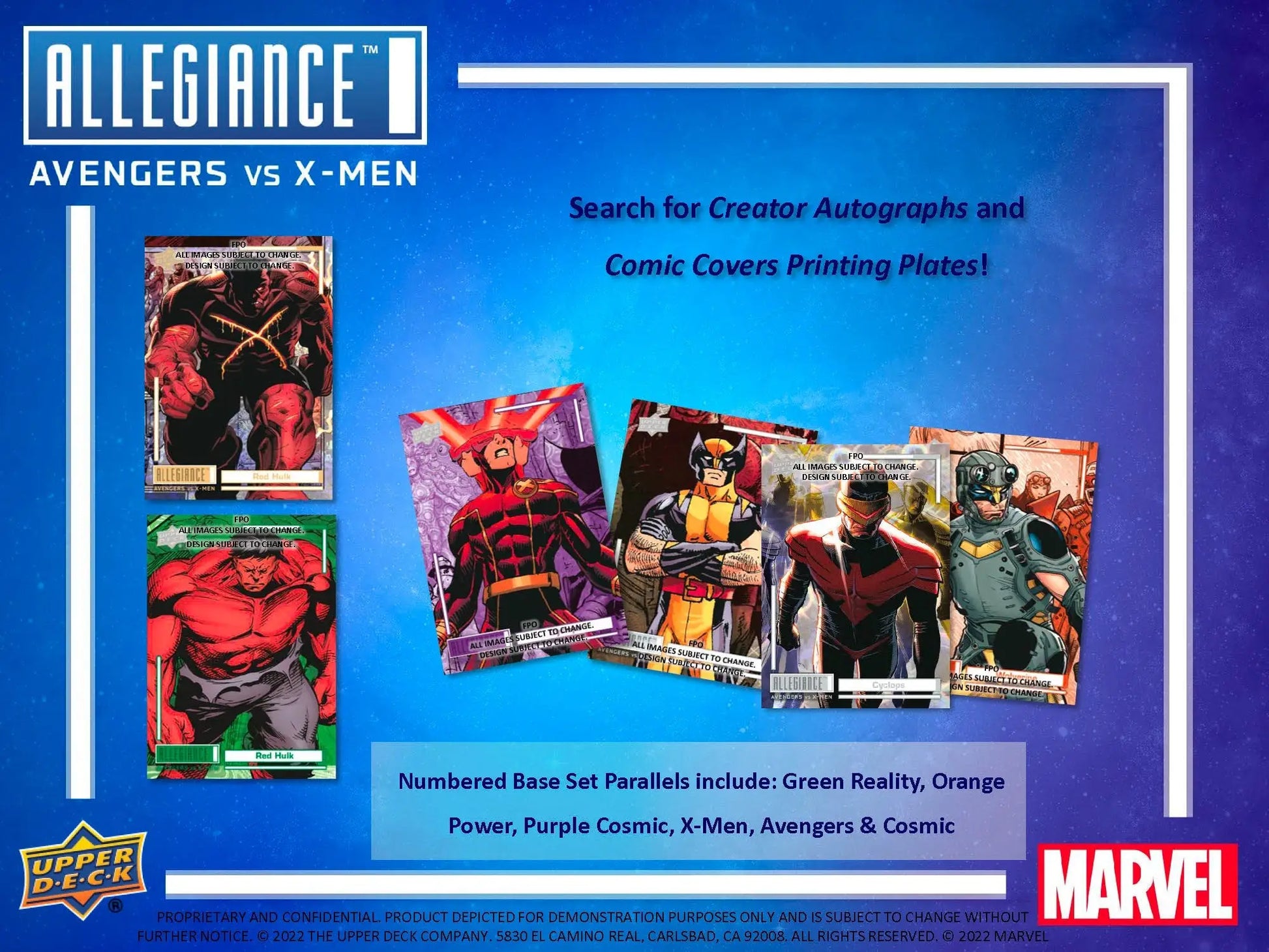 Advertisement for Marvel Allegiance Avengers vs X-Men set in Upper Deck hobby box