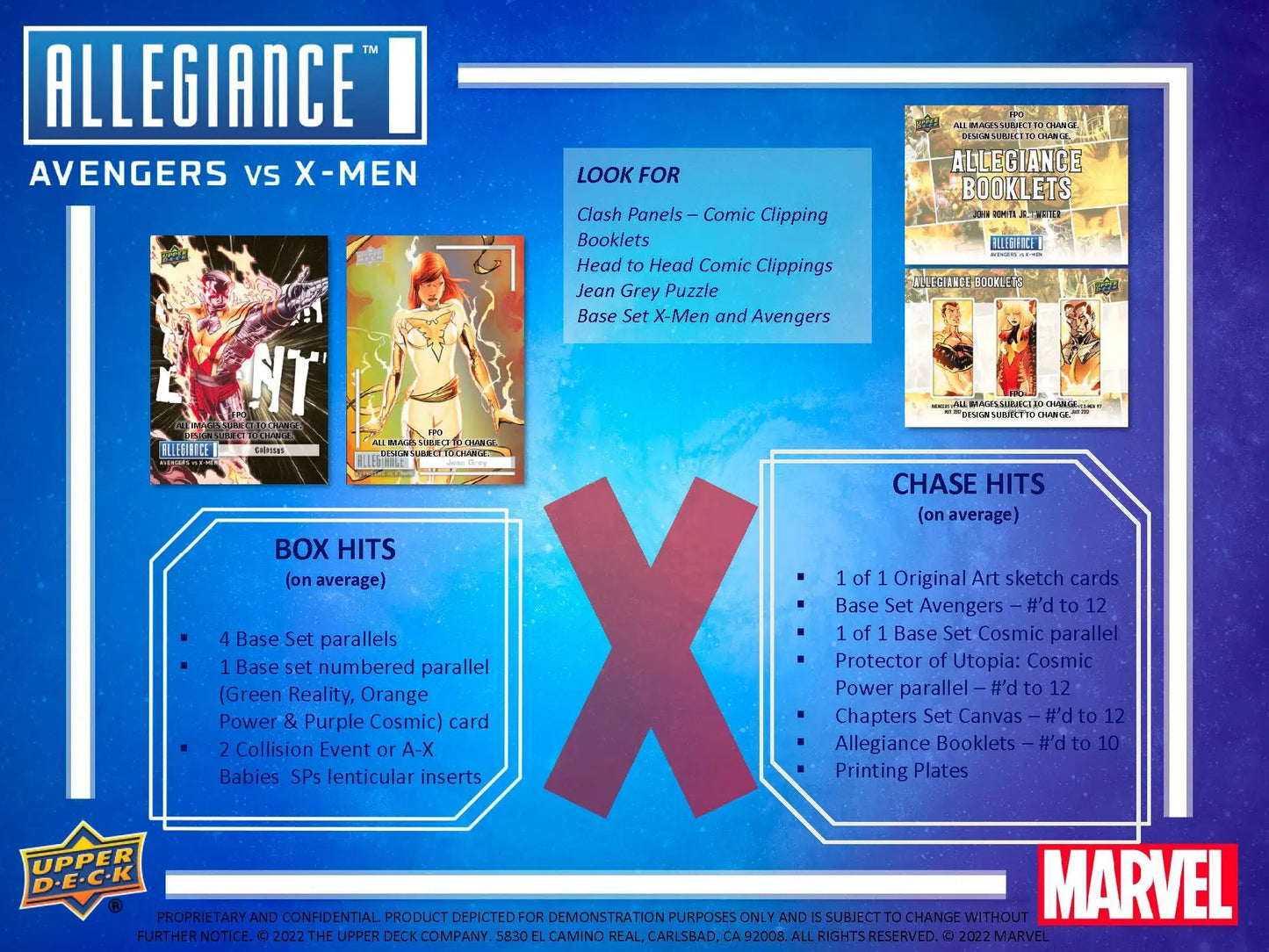 Trading card game checklist for Marvel Allegiance Avengers vs X-Men in Upper Deck box