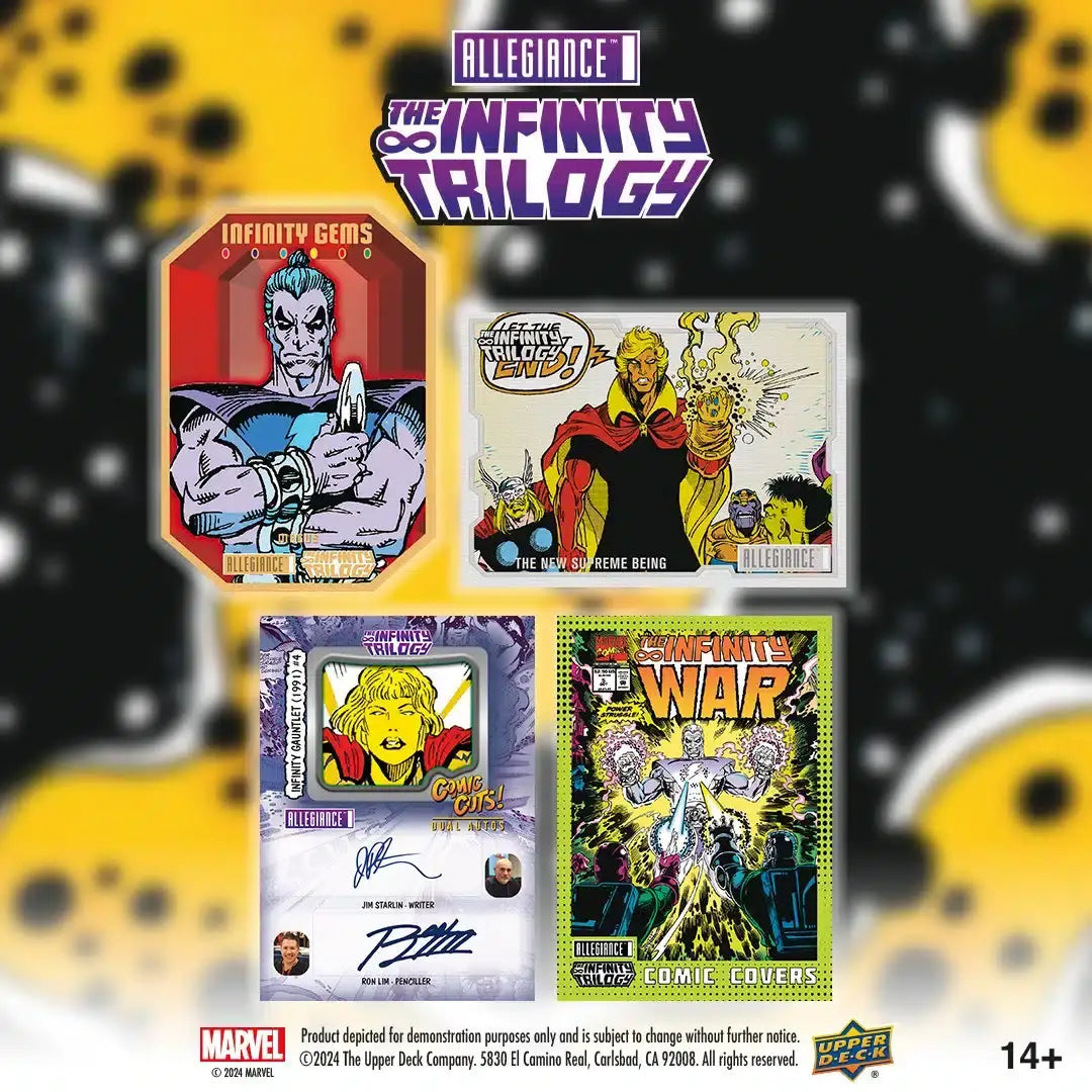 Collection of Marvel comic trading cards from 2023 Upper Deck Marvel Allegiance Infinity Trilogy Hobby Box