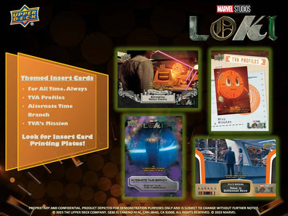 Advertisement for Upper Deck Marvel Loki trading cards featuring themed insert designs