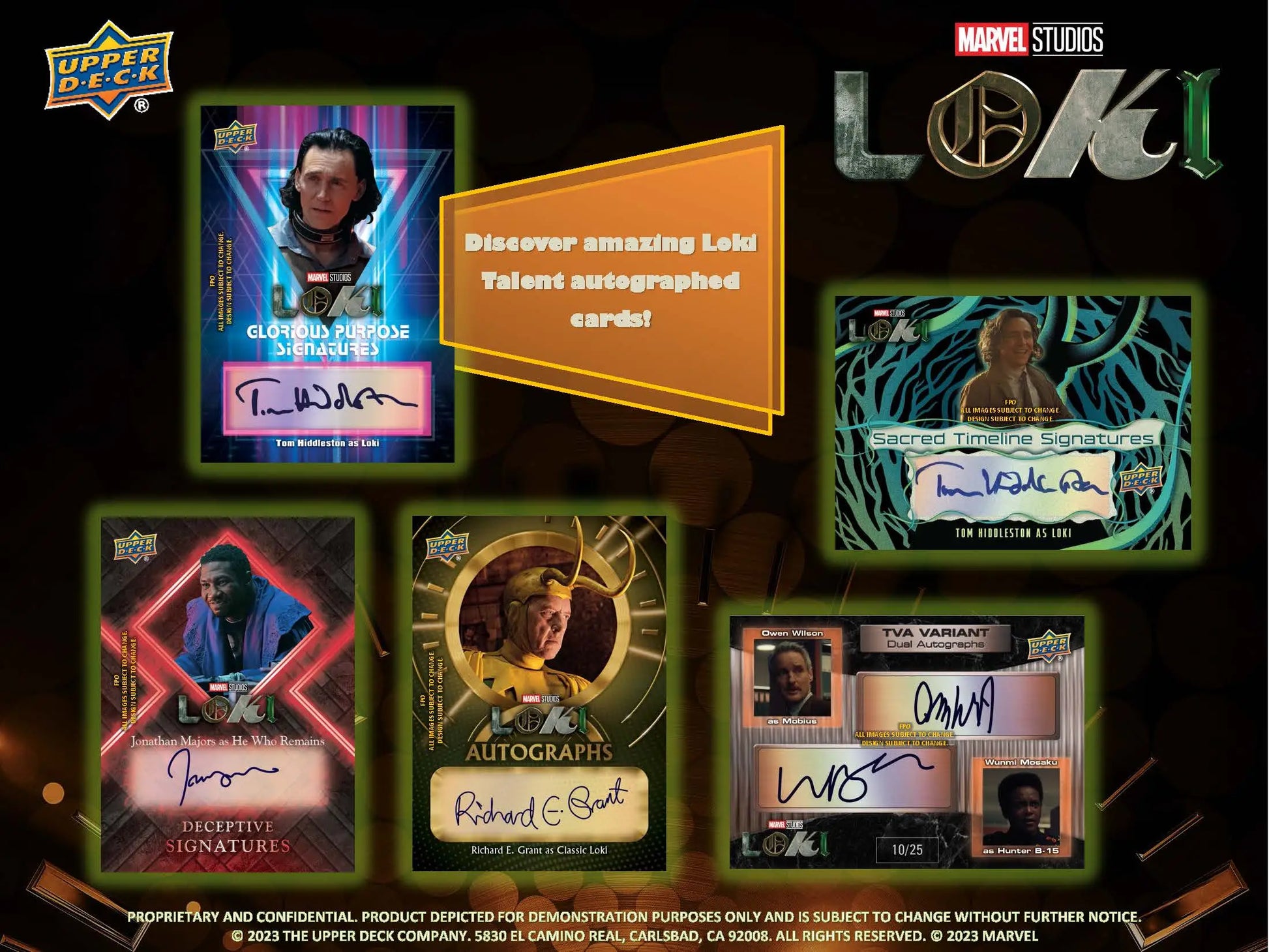 Advertisement for Upper Deck Marvel Studios Loki trading cards with autographed character cards
