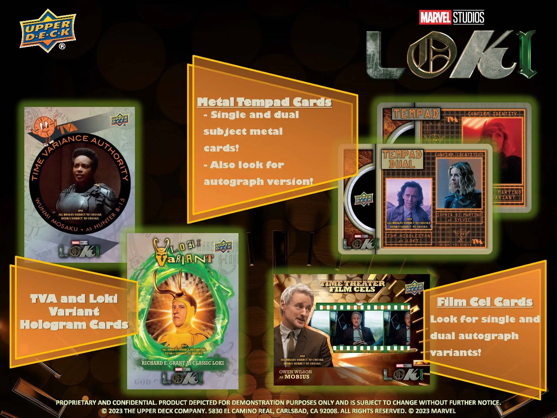 Advertisement for Upper Deck Marvel Studios Loki trading cards and collectibles designs