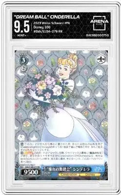 Graded Cinderella trading card from Weiss Schwarz Disney 100 series in a product display