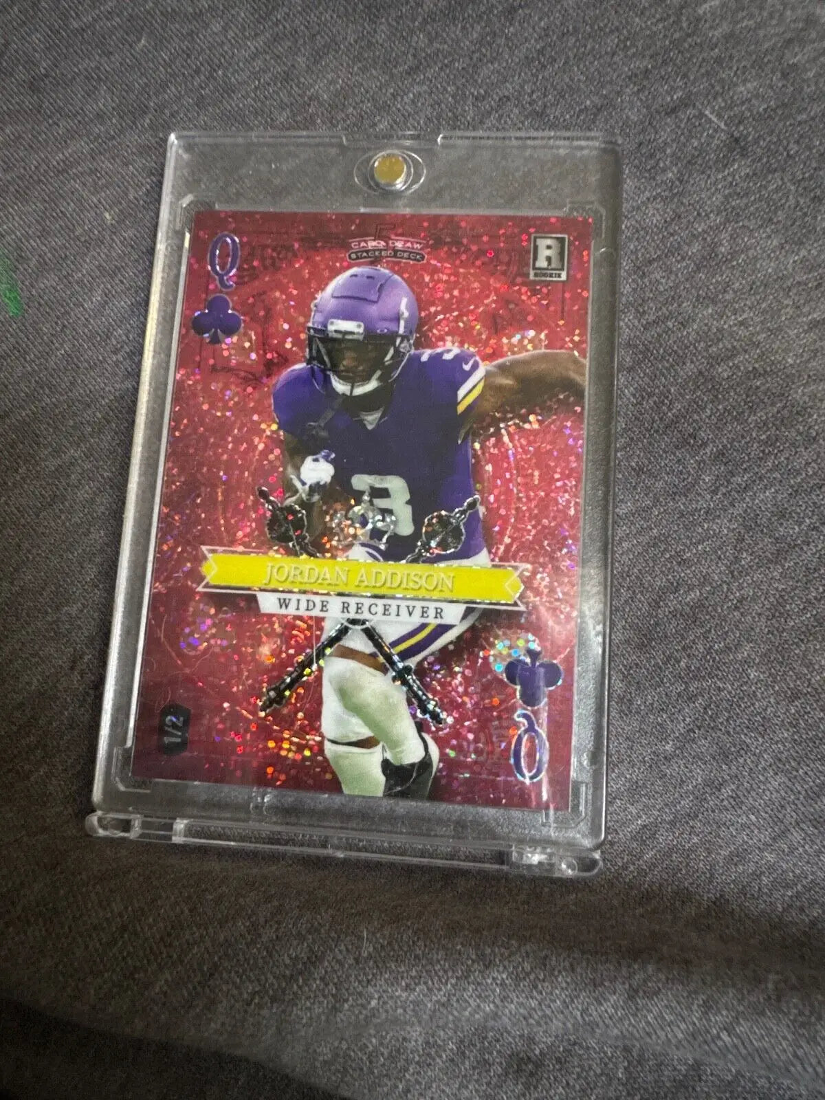 Football trading card in protective case for 2023 Wild Card Jordan Addison RC 1/2