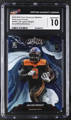 Graded Wild Card American Metallix Jaylen Wright football card in 2023 packaging