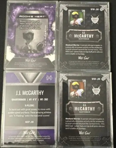 Four football trading cards from the 2023 Wild Card J.J. McCarthy rookie cards lot