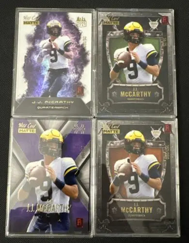 2023 Wild Card J.J. McCarthy rookie cards displayed in a 4x card lot collection