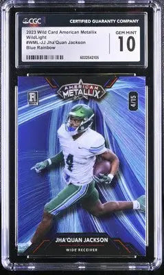 Graded Jha’Quan Jackson football card from 2023 Wild Card Blue Rainbow series CGC 10