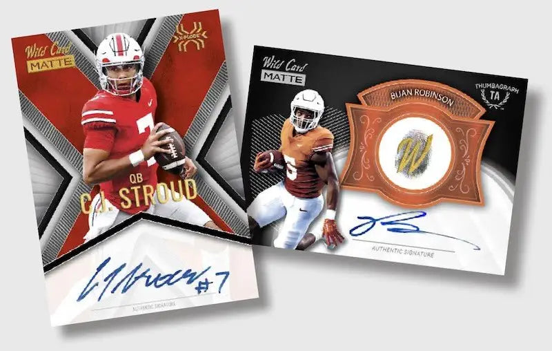 Two football trading cards featuring Bijan Robinson with on-card auto from Wild Card Matte