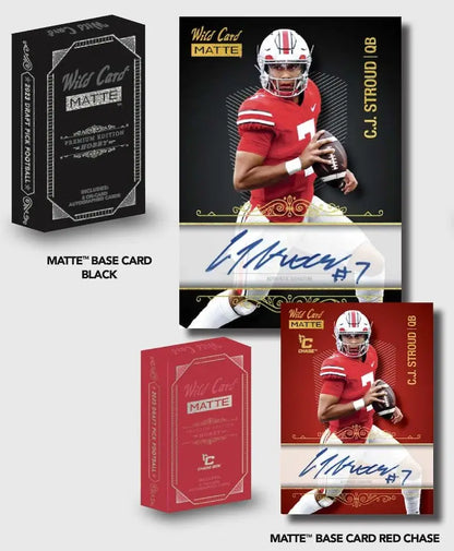 Football card collection from 2023 Wild Card Matte Football Premium Edition Hobby Box featuring Bijan Robinson on-card auto