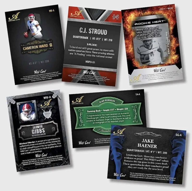 Football trading cards from 2023 Wild Card Matte Football Premium Edition Hobby Box featuring Bijan Robinson and on-card auto