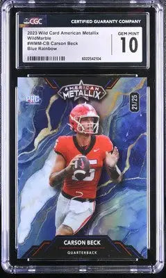 Graded Carson Beck football card in Blue Rainbow Metallix design from 2023 Wild Card Metallix series