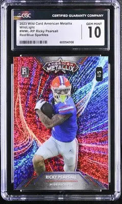 Grade Ricky Pearsall Wild Card football card with red blue sparkles CGC 10