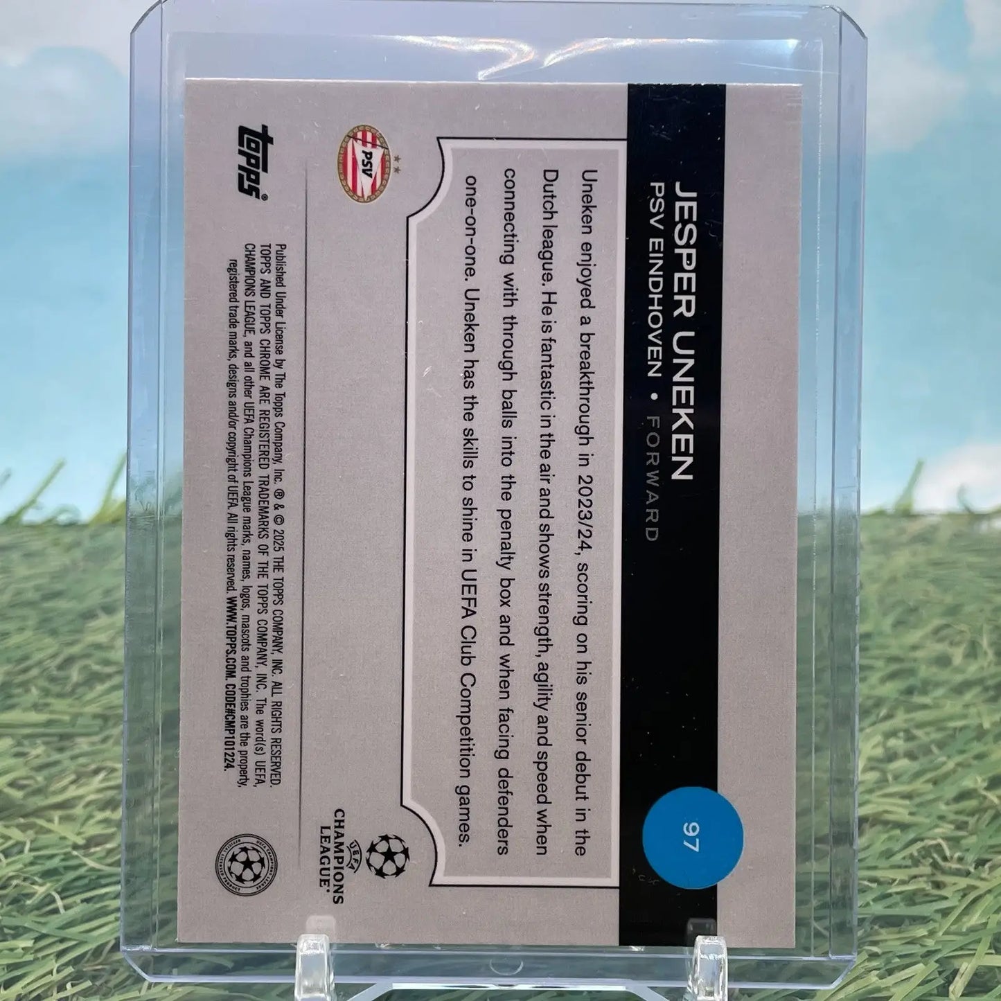 Jesper Uneken Topps Chrome UEFA Soccer rookie card 173/199 displayed in 2024-2025 collection