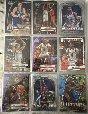 Basketball trading cards featuring Bowman Chrome Black Blue Green Refractors in protective sleeves