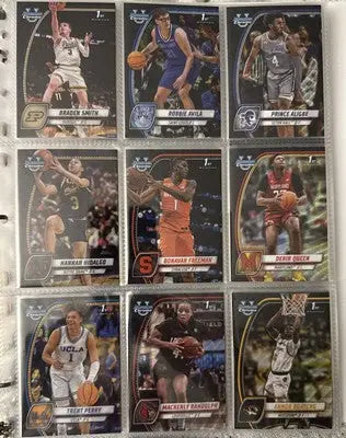 Basketball trading cards displayed on a binder page from 2024-25 Bowman Chrome U Refractor Lot
