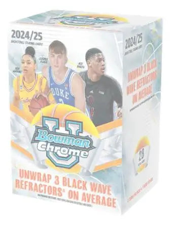 Box of Bowman Chrome basketball trading cards from 2024-25 Bowman University Blaster Box