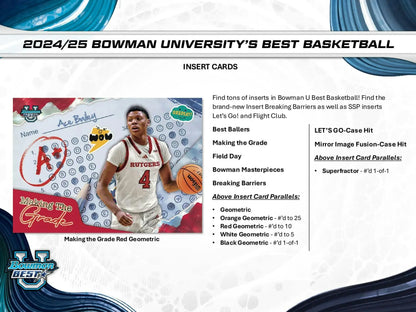 Basketball card advertisement featuring mini-diamond refractor and black refractor parallels in 2024-25 Bowman University Best Hobby Box