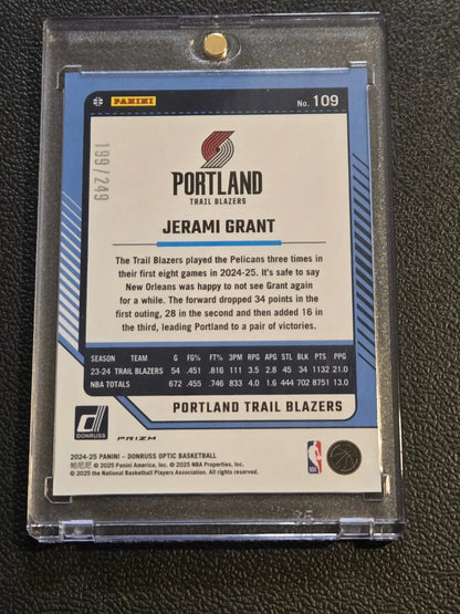 Autographed Jerami Grant basketball trading card in protective case from 2024-25 Donruss Optic Grant Premium Box