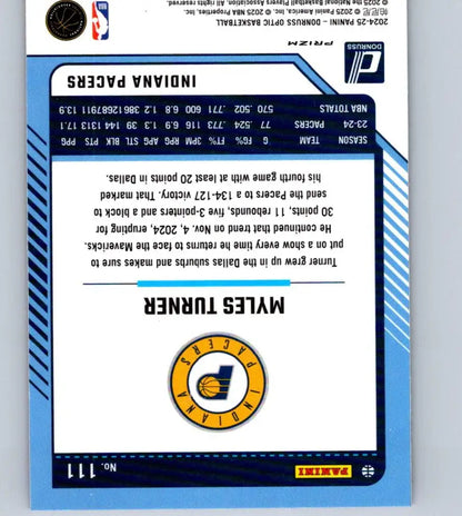 Back of 2024-25 Donruss Optic Myles Turner Hyper Pink basketball trading card