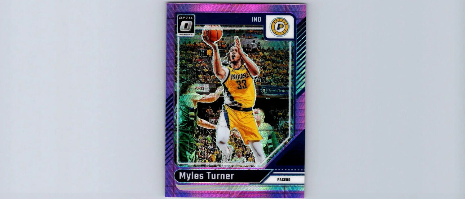 Purple basketball trading card of Myles Turner in a yellow jersey, Myles Turner Hyper Pink