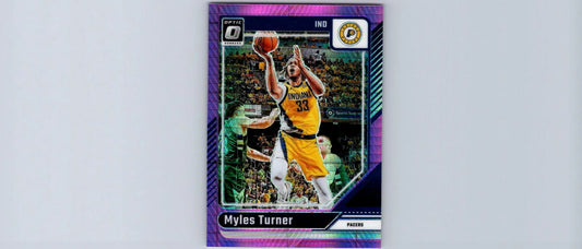 Purple basketball trading card of Myles Turner in a yellow jersey, Myles Turner Hyper Pink