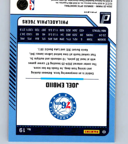 Joel Embiid Hyper Pink trading card from 2024-25 Donruss Optic series