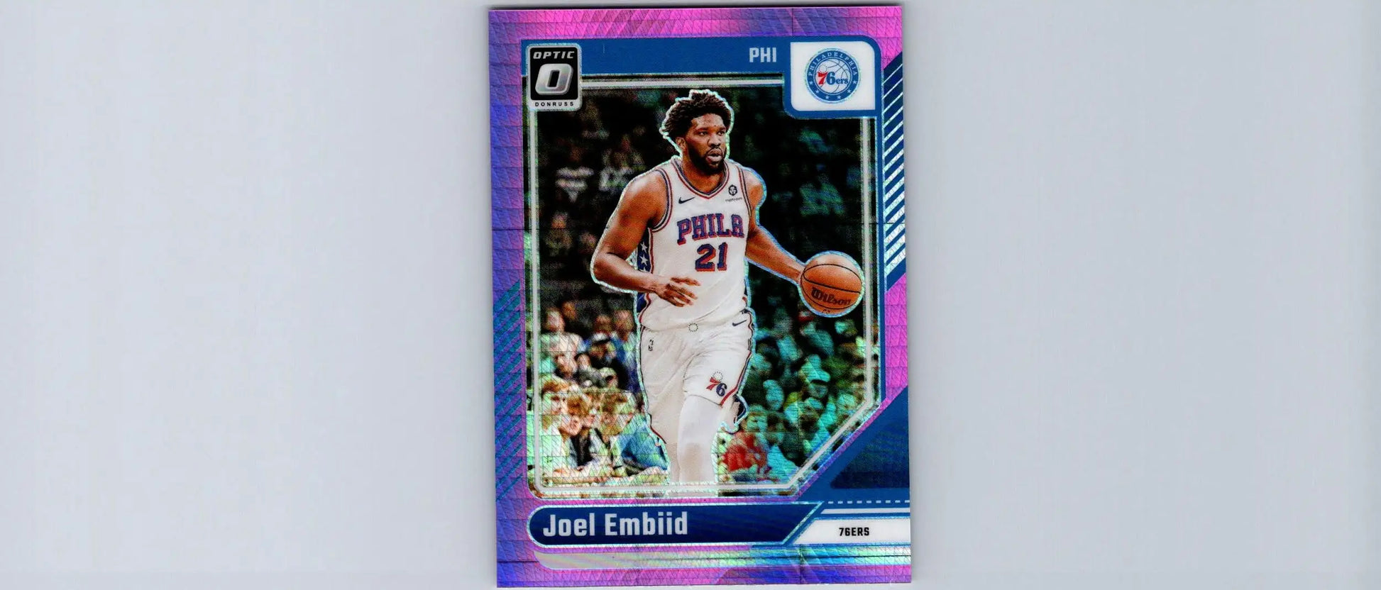 Purple Joel Embiid basketball trading card from 2024-25 Donruss Optic featuring Embiid Hyper Pink
