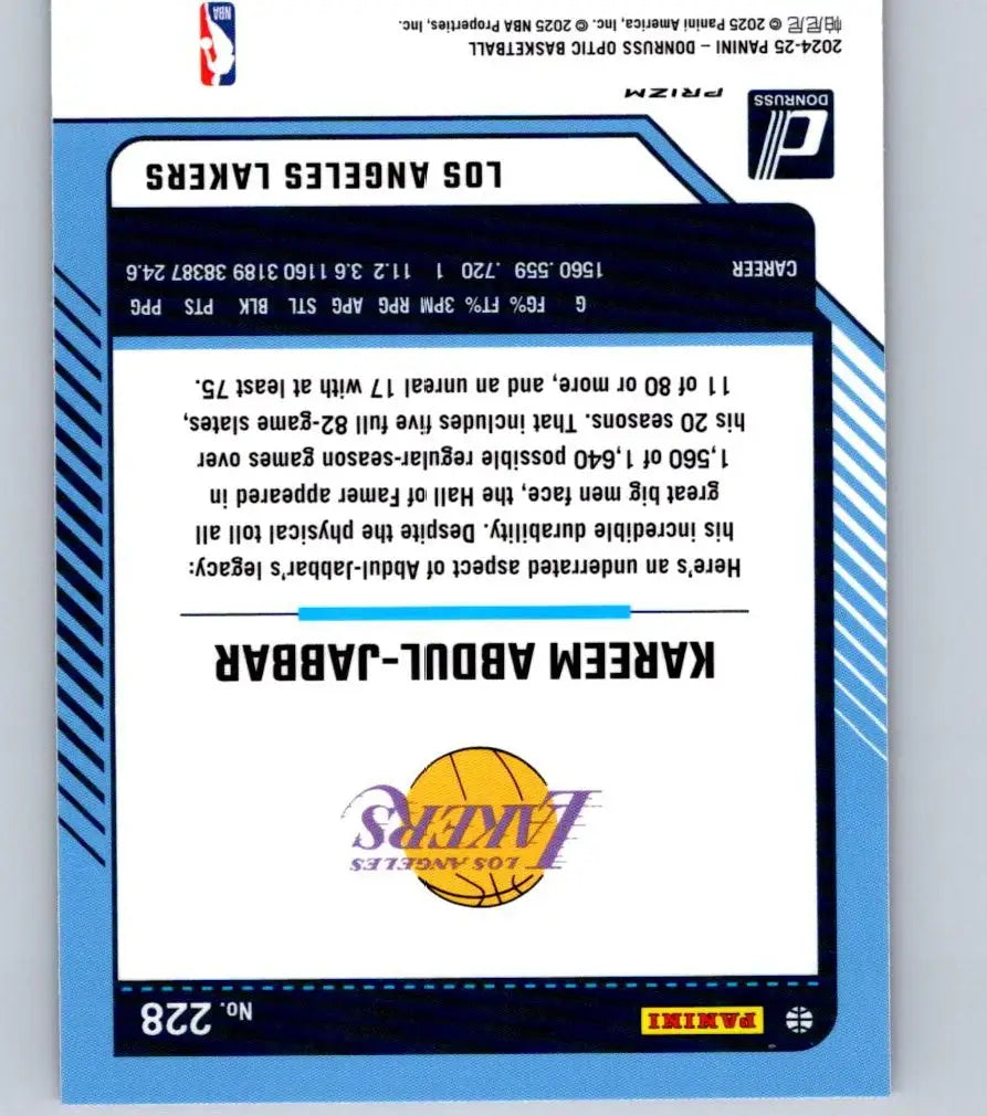 Collectible basketball card of Kareem Abdul-Jabbar from Donruss Optic Hyper Pink series