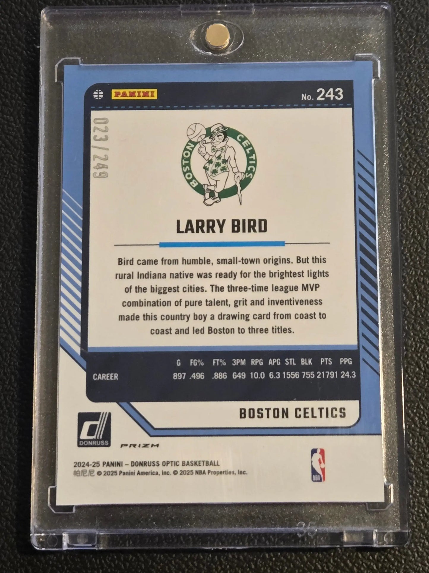 Larry Bird basketball trading card in protective case from 2024-25 Donruss Optic Bird Premium Box