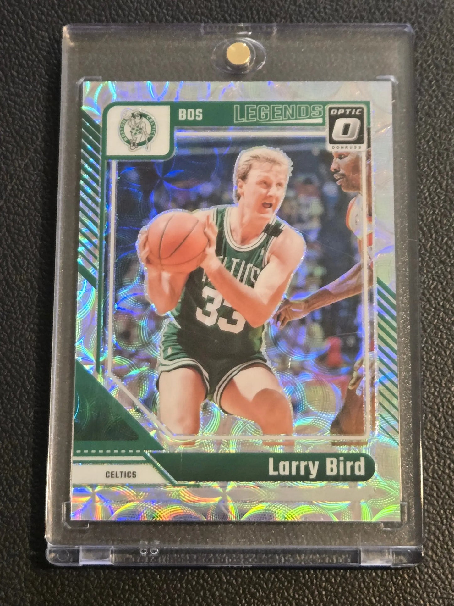 Larry Bird Boston Celtics trading card in protective case from 2024-25 Donruss Optic Bird Premium Box