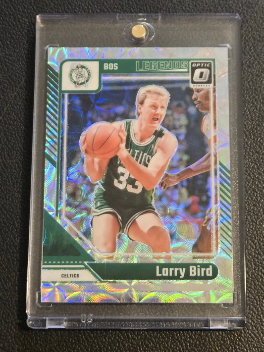 Larry Bird Boston Celtics trading card in protective case from 2024-25 Donruss Optic Bird Premium Box