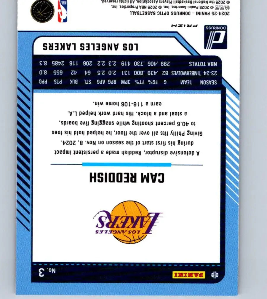 2024-25 Donruss Optic Cam Reddish Hyper Pink basketball trading card featuring Cam Reddish Lakers