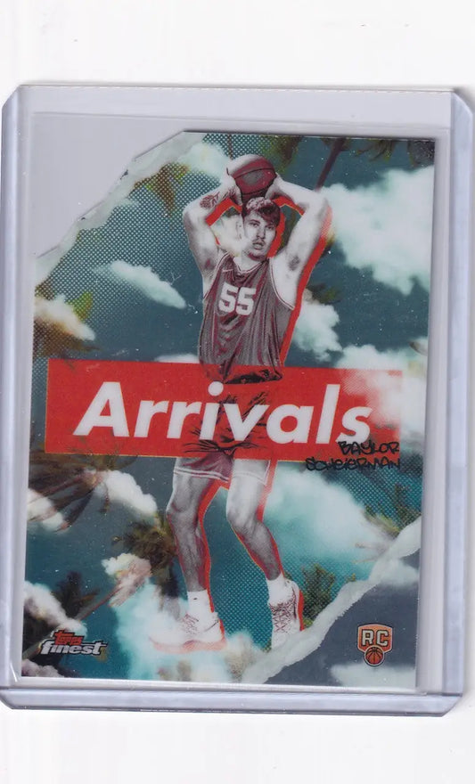 Basketball arrivals trading card of Baylor Scheierman in red jersey from 2024-25 Finest Basketball Arrivals
