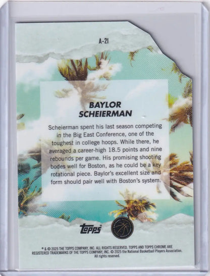 Back of a 2024-25 Finest Basketball Arrivals Baylor Scheierman trading card