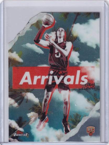 Basketball arrivals trading card featuring Cody Williams in maroon Utah Jazz jersey
