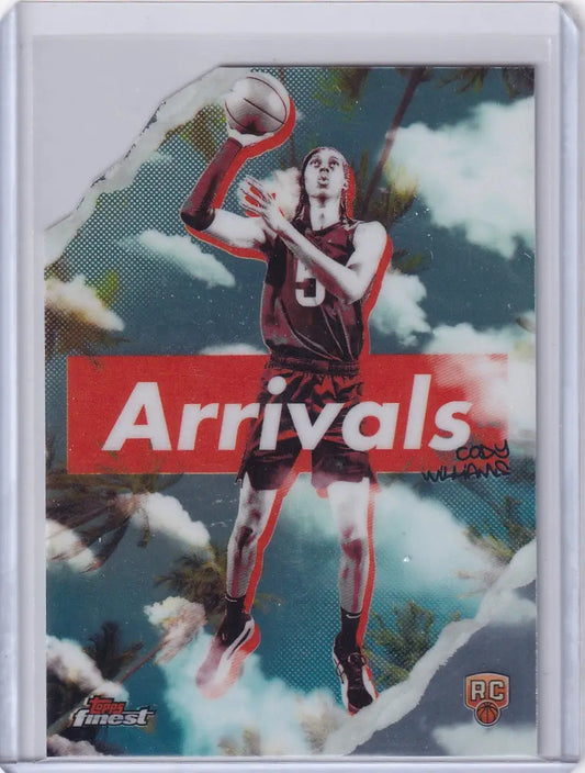 Basketball arrivals trading card featuring Cody Williams in maroon Utah Jazz jersey