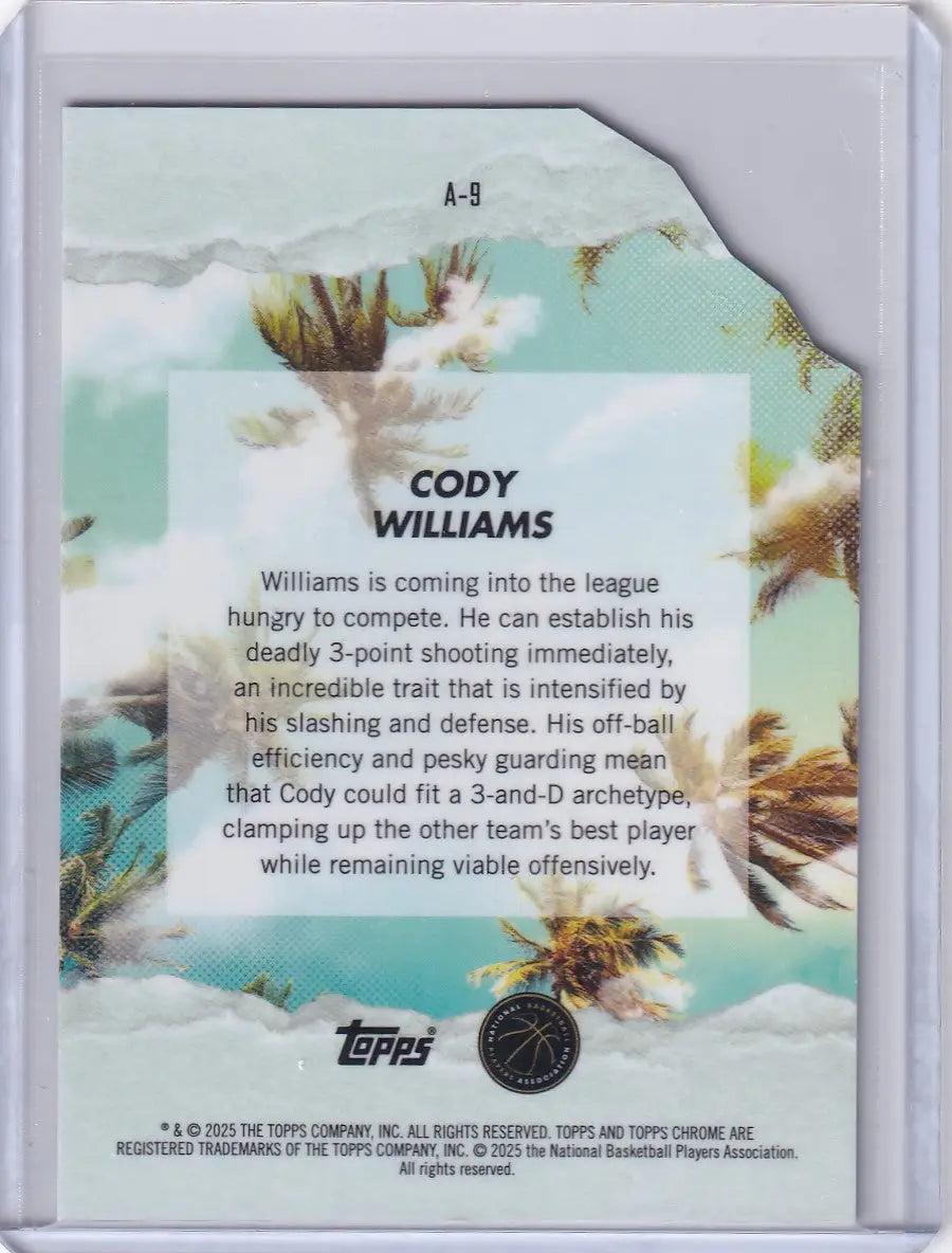 Back of Cody Williams basketball trading card from 2024-25 Finest Basketball Arrivals