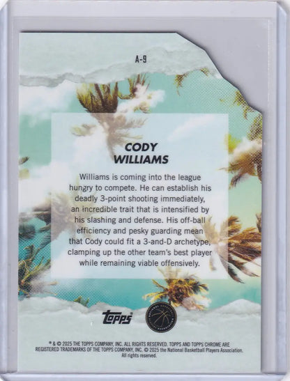 Back of Cody Williams basketball trading card from 2024-25 Finest Basketball Arrivals