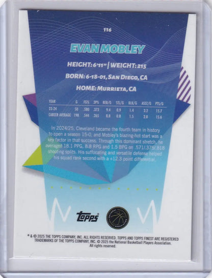 Back of 2024-25 Finest Basketball Orange Evan Mobley trading card featuring Cleveland Cavaliers