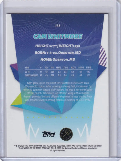 Basketball purple trading card of Cam Whitmore from 2024-25 Finest Basketball Purple series