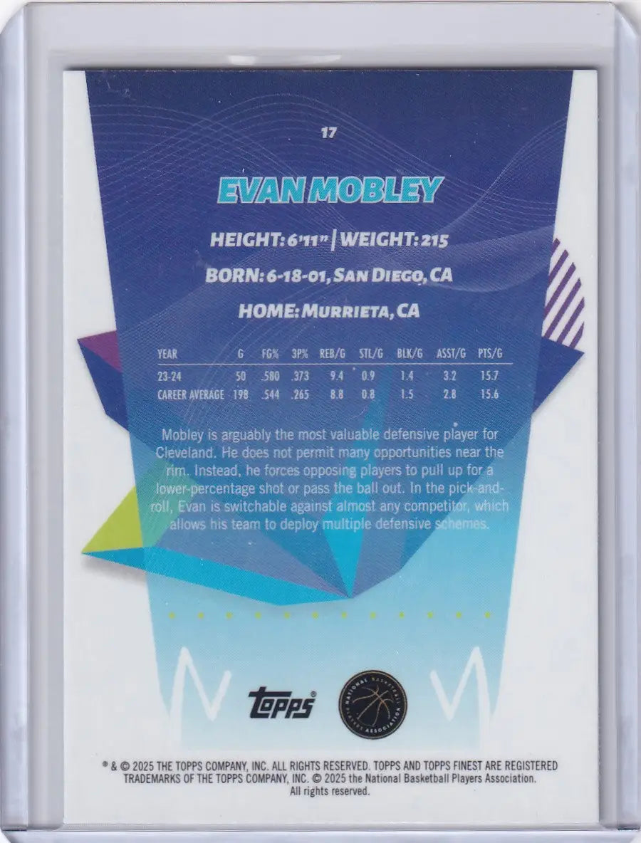 Back of 2024-25 Finest Basketball Sky Blue Evan Mobley Cleveland Cavaliers trading card showing stats