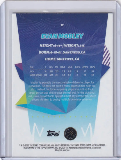 Back of 2024-25 Finest Basketball Sky Blue Evan Mobley Cleveland Cavaliers trading card showing stats