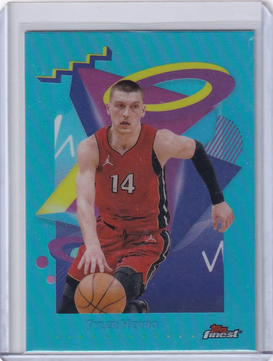Basketball trading card featuring Tyler Herro in a red jersey from 2024-25 Finest Basketball Sky Blue series