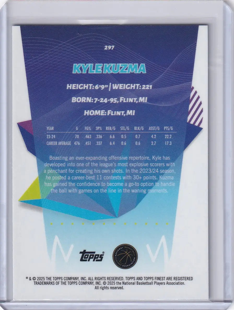 Back of Kyle Kuzma Finest Basketball Sky Blue trading card from 2024-25 Finest Basketball series